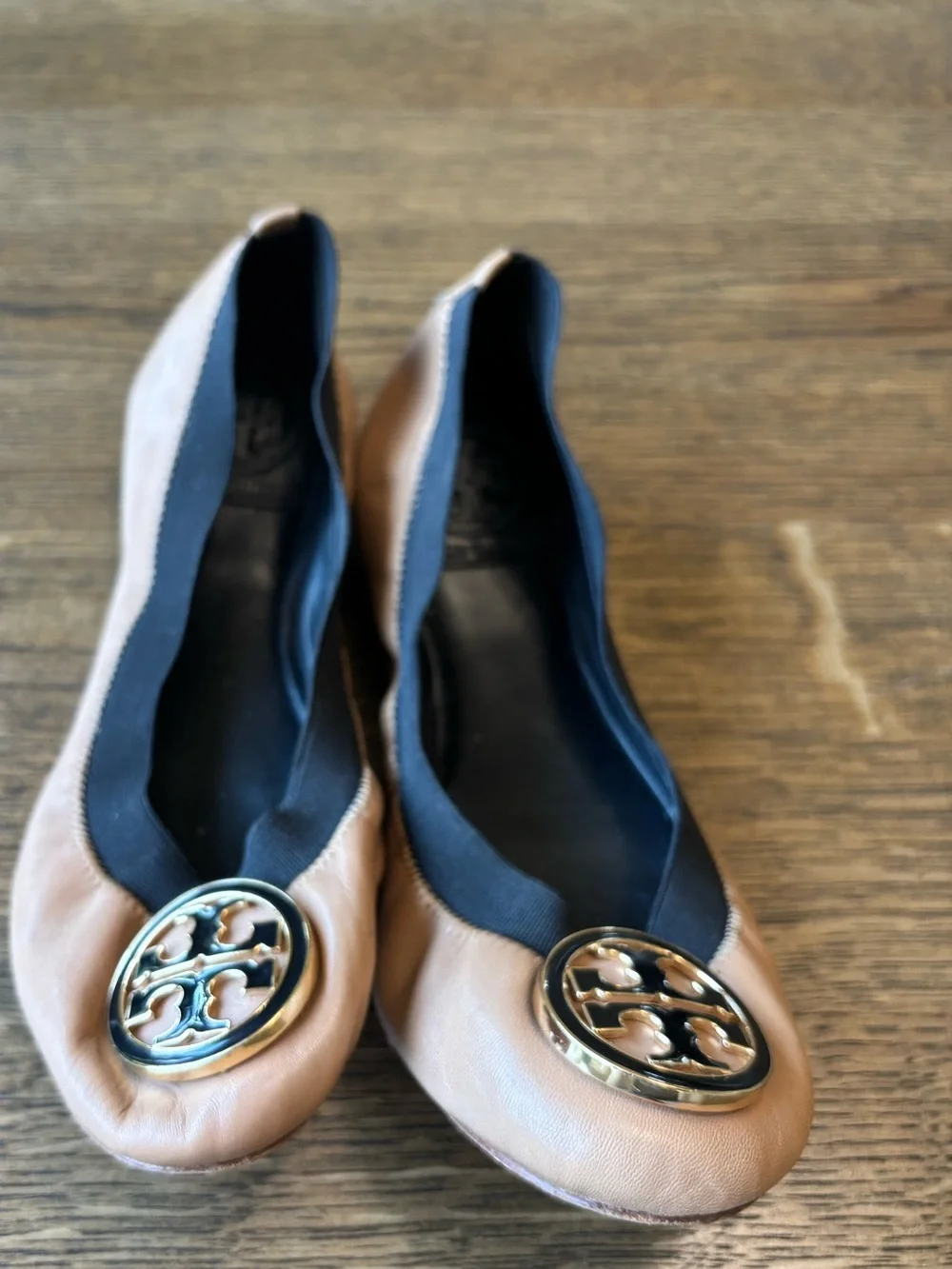 Tory Burch Minnie Travel Ballet Flats Nude Leather Logo Size 6M